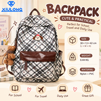 Sac à dos grande capacité multi-poches à motif écossais vintage avec breloque ours mignon pour filles, idéal pour l'école, le campus et le quotidien