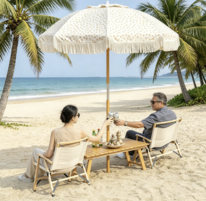 Set <span class=keywords><strong>da</strong></span> Picnic Resistente alle Intemperie con Sedia a <span class=keywords><strong>Sdraio</strong></span> in Legno di Faggio e <span class=keywords><strong>Ombrellone</strong></span> con Nappe Vintage, Direttamente dalla Fabbrica, per Patio e Spiaggia - Product Image 2
