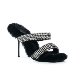 Mules à bout carré ouvert en fourrure pour femmes, talons hauts fins, chaussures brillantes ornées de diamants, sandales d'été à enfiler pour filles, grandes tailles 45 - Product Image 3