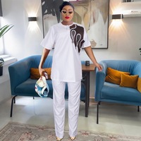 Afrikanisches Übergrößen-Set: Besticktes Kurzarm-Tunika-Oberteil mit Hose für Damen, Paar-Matching, Locker Sitzend, Lässig, Maßanfertigung OEM