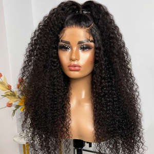 Perruque frontale en dentelle complète de 40 pouces avec dentelle HD transparente, <span class=keywords><strong>cheveux</strong></span> 100% vierges Remy brésiliens afro crépus bouclés, couleur naturelle, avec <span class=keywords><strong>frange</strong></span> - Product Image 1