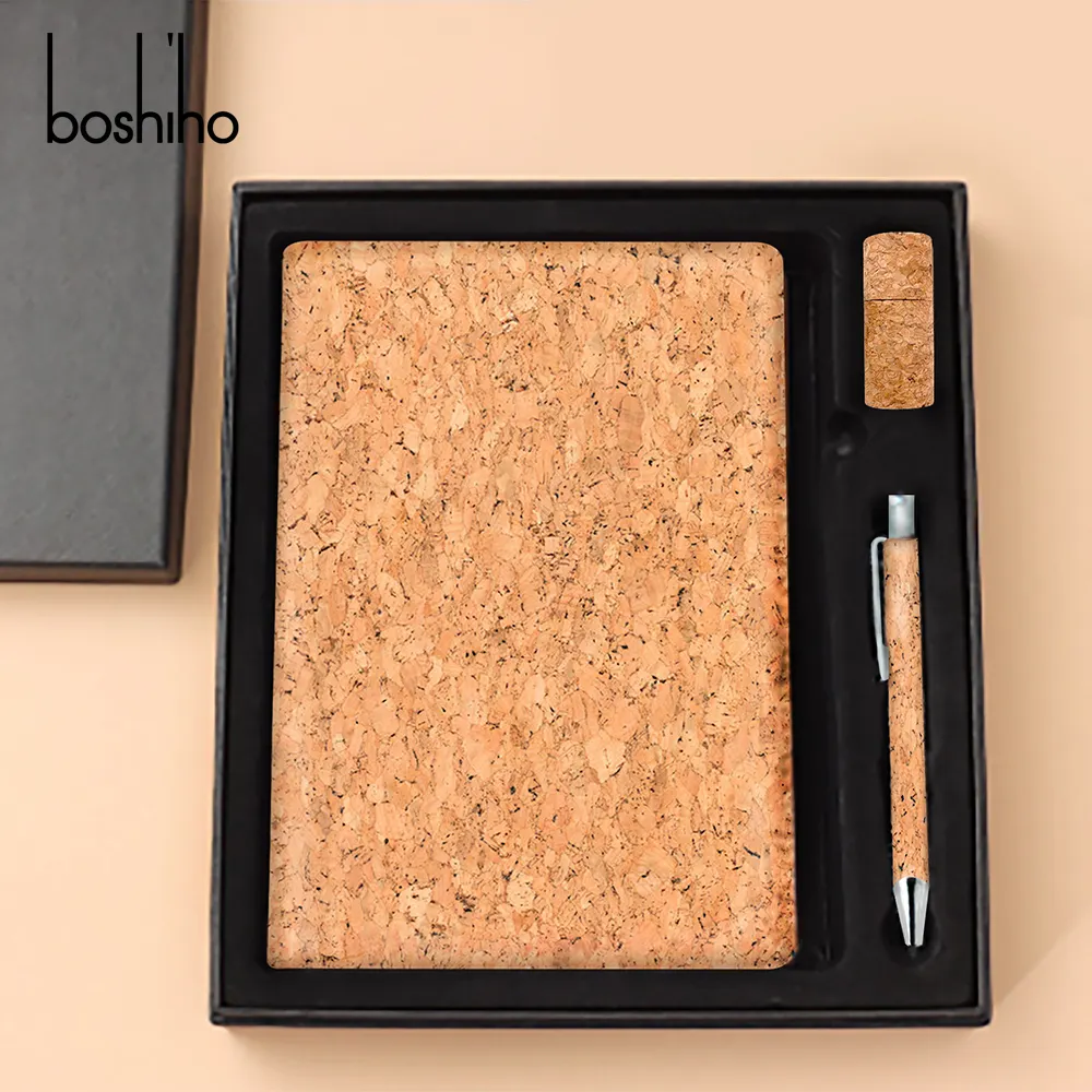Custom Personalized Corporate Logo Usb Notebook Pen 3 In 1 Promotional Business Eco Friendly Cork Gift Set with Boxes