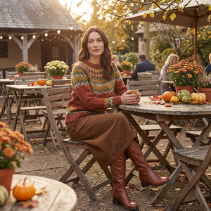 Set Maglione Vintage Fair Isle OEM ODM per <span class=keywords><strong>Donna</strong></span>, Top in Maglia Color Ruggine e Gonna Midi in Velluto a Coste Marrone, <span class=keywords><strong>Outfit</strong></span> Autunnale - Product Image 3