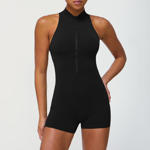 Vente en gros Gym Workout Sexy Zipper Ventre Serrage Nu Une Pièce Fitness Vêtements Cuisse Découpe Noir Élégant Halter Jumpsuit - Product Image 2