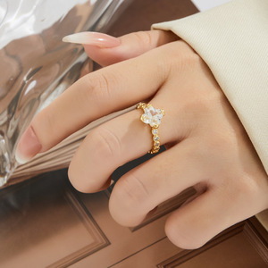 Flower Shape Open Ring Gold Plated Zircon Adjustable Index Finger Band - Product Image 2