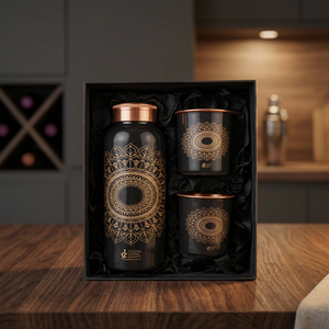 Enamel Printed Copper Water Bottle Gift <b>Set</b> Portable Reusable <b>Tumbler</b> <b>Set</b> With Premium Packaging for Wedding - Indian Home Craft - Product Image 1