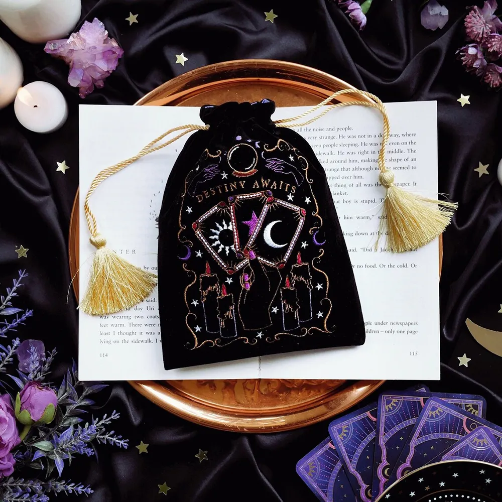 Bolso bordado de terciopelo tarot joyería bolso con cordón impreso personalizado