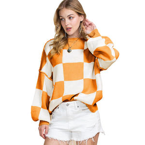 Shewin Wholesale Autumn Winter Plaid Yellow <strong>White</strong> Pullover Women Crew Neck Plaid <strong>Knitted</strong> <strong>Sweaters</strong> - Product Image 1