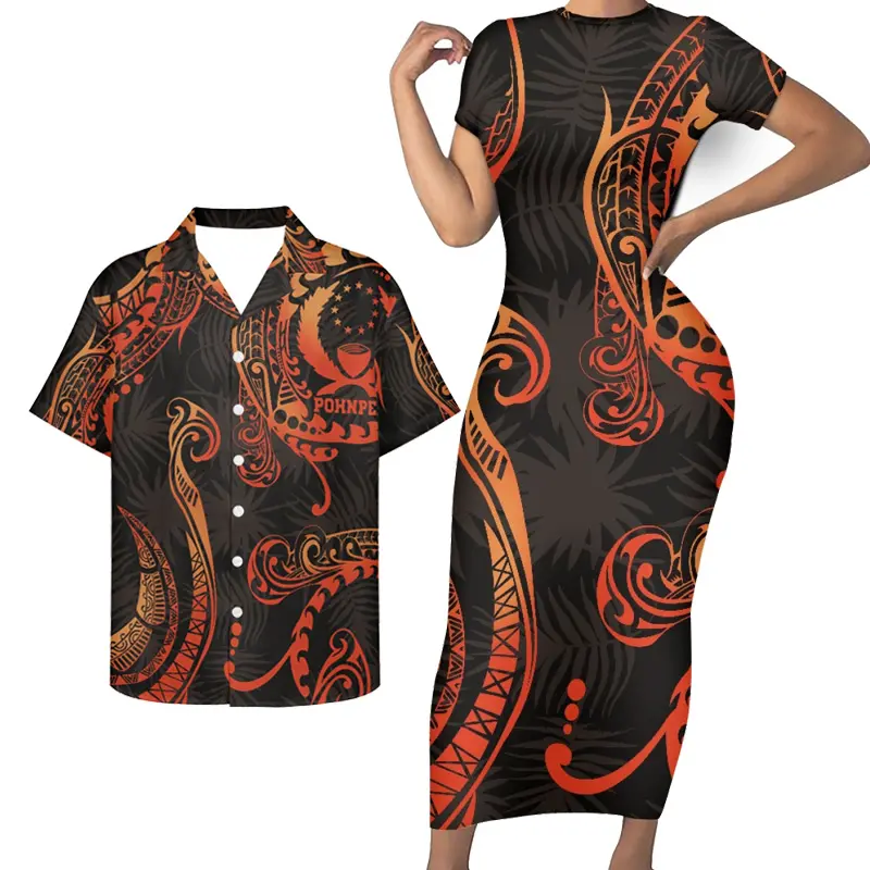 OEM deux pièces ensemble femmes vêtements Couple robe polynésienne ethnique personnalisé moulante Sexy longues robes de soirée grande taille chemises pour hommes