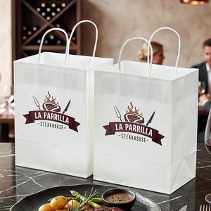 Sacs à emporter en papier kraft blanc écologiques et recyclables, imprimés sur mesure, pour les restaurants de restauration rapide de steaks, avec poignée - Product Image 3