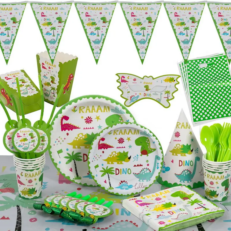 Dinosaur Party Supplies Set- Birthday Party Supplies Includes Plates,Cupcake Toppers & Banner,Cups,Dinosaur Party Decorations