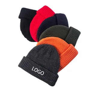 Custom Knitted Ribbed Toque Acrylic Yellow Orange Green Winter Cap Cotton Woven Label Sport Beanie Hat