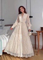 Robe élégante de style princesse à col en V avec broderie en dentelle pour femmes, robe d'été à manches longues, taille haute, jupe amincissante