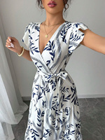 Vestido Largo Sexy con Estampado y Volantes, Cuello en V, Ajustado, Nueva Colección Primavera-Verano, Gran Venta
