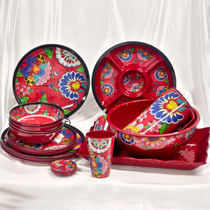 Ensemble de dîner en mélamine de style chinois traditionnel <span class=keywords><strong>vaisselle</strong></span> de table en mélamine durable plats en mélamine à motif rouge avec bouilloire pour hôtel - Product Image 1