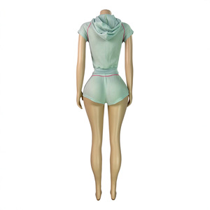 SY26021 Set da <span class=keywords><strong>Donna</strong></span> <span class=keywords><strong>in</strong></span> Maglia Waffle per Loungewear, Felpa Corta con Zip e Pantaloncini a Zampa, <span class=keywords><strong>Abbigliamento</strong></span> Estivo Femminile, Set 2 Pezzi - Product Image 5