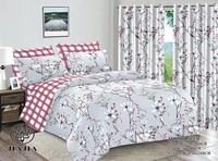 Nouveaux ensembles de literie à motifs avec rideaux assortis en tissu de coton, vente en gros, ensemble de draps king size 6 pièces avec rideaux et oreillers