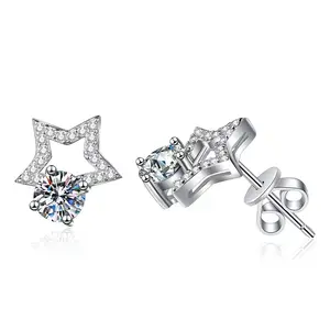 Pendientes de diamantes de moissanita de corte redondo de color 1ct vvs1 D de alta calidad, joyería de plata de ley 925, pendientes de estrella para mujer