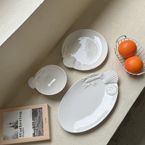 Plato/Tazón de Cerámica Vintage de Segunda <span class=keywords><strong>Mano</strong></span> con Relieve de Conchas Marinas, Apto para Microondas, Forma Irregular - Product Image 2