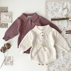 Tute da bambino lavorate a maglia con risvolto autunno e inverno vestiti per ragazze manica lunga pagliaccetto cotone - Product Image 1