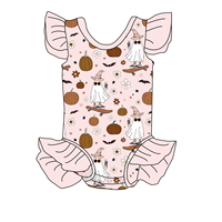 Haute qualité derniers enfants filles barboteuse manches flottantes à volants bébé justaucorps Halloween imprimé tricoté personnalisé été body