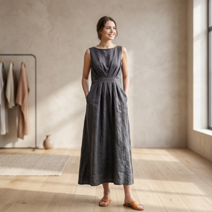 Cotton V-neck <b>Bell</b> <b>Sleeve</b> A-Line High Waist Breathable Bow Pockets Vintage Casual Daily All Seasons Midi Handmade <b>Dress</b> - Product Image 3