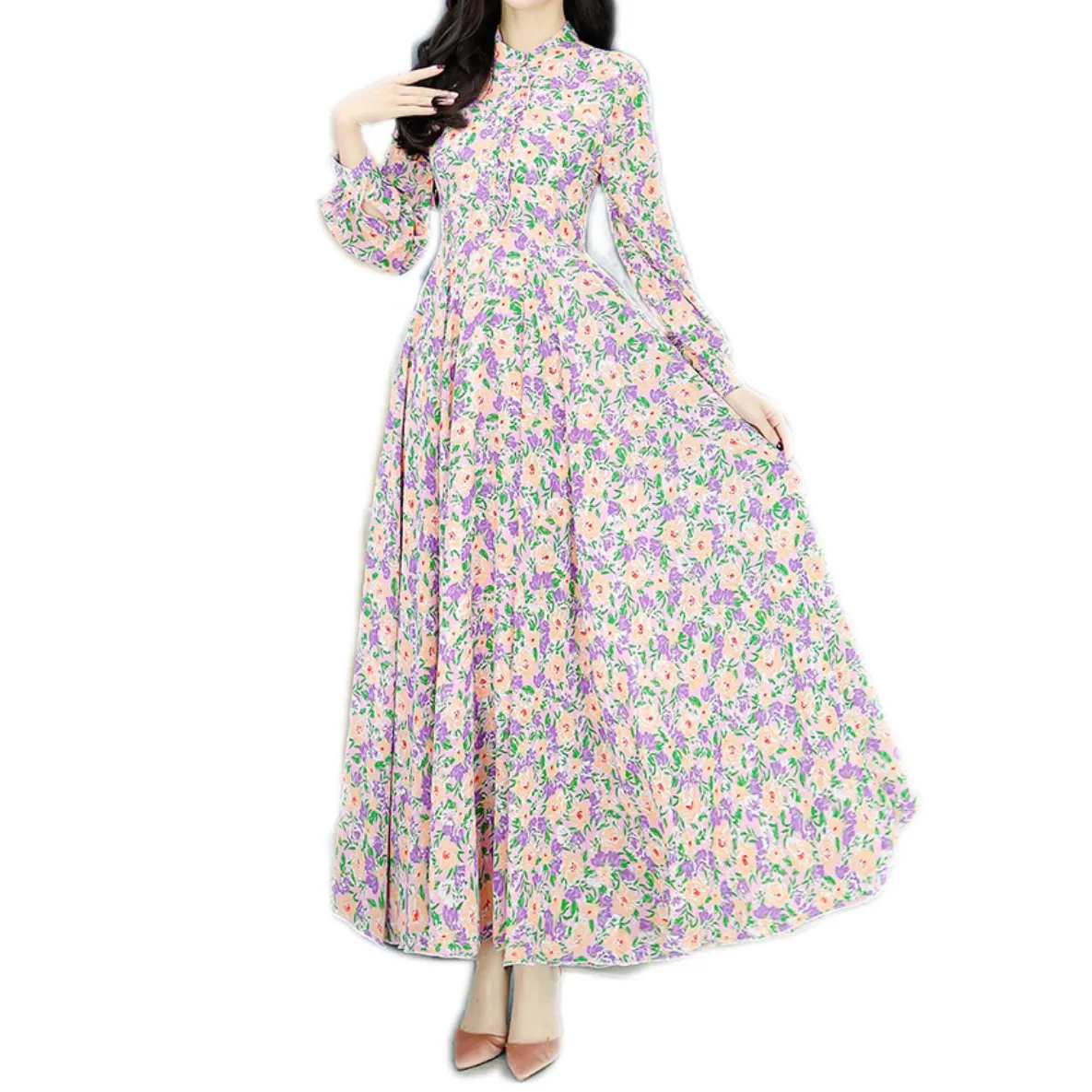 Elegante vestido de gasa con estampado floral de manga larga para mujer nuevo temperamento cintura Falda larga