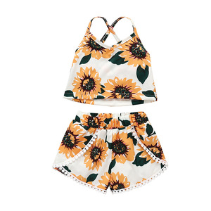 Oferta de Sombreros: Conjunto de 2 Piezas de Ropa para Niña con Estampado de Girasol y Encaje con Flecos - Product Image 1