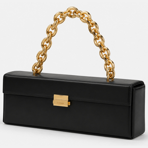 Bolso de mano rectangular largo negro <span class=keywords><strong>con</strong></span> asa de <span class=keywords><strong>cadena</strong></span> <span class=keywords><strong>dorada</strong></span> gruesa, bolso tipo caja estructurado estilo East West para mujer, bolso de hombro tipo clutch de noche - Product Image 1