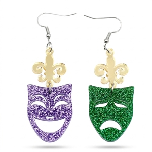 Boucles d'oreilles <span class=keywords><strong>masque</strong></span> Mardi Gras, pailletées violettes et vertes, asymétriques, motif fleur de lys, bijoux de carnaval, cadeau, vente en gros - Product Image 1