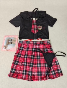 黑色渔网长筒袜和女学生内衣套装红色格子制服情趣角色扮演服装 - Product Image 6