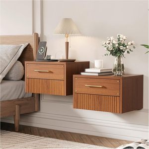 Wholesale Wood Wall Mounted <strong>Bedside</strong> <strong>Table</strong> with Charging Station <strong>Mid</strong> <strong>Century</strong> Modern Floating Nightstand with Storage Drawers - Product Image 1