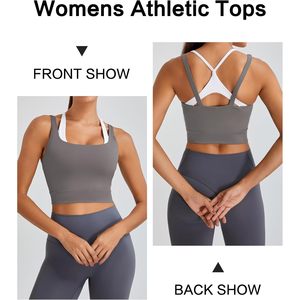 FOXA Womens Built In Bra Tank <b>Top</b> Gray Padded Scoop Neck Racerback <b>Cropped</b> Workout <b>Top</b> Breathable Knitted Spandex Polyester - Product Image 2