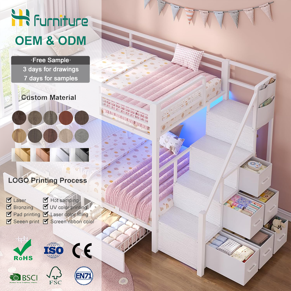 Pink White Loft Bed - Modern Metal Frame with Storage Stairs, image size:1000x1000