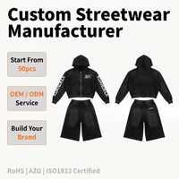 Ensemble short et sweat à capuche zippé imprimé pour homme, style streetwear, délavé à l'acide, effet vieilli, 2 pièces