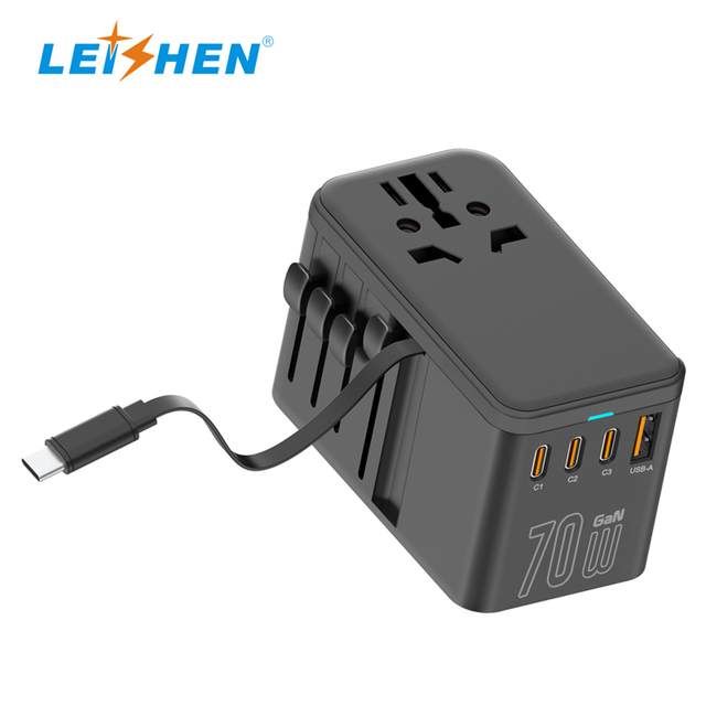LEISHEN EU/US/UK/AU Gan 70W Super Fast Charging Charger Plug Universal Travel Adapter With Retractable Cable for Computer/ Ipad