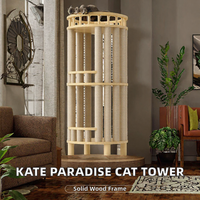Tour à gratter cylindrique moderne pour chat, multi-niveaux, en bois massif, avec corde en sisal naturel, 101 cm, avec balustrade supérieure circulaire