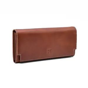 Vintage Brown Genuine Leather Wallet Durable Card Holder Women Long Wallet with White Stitching Line