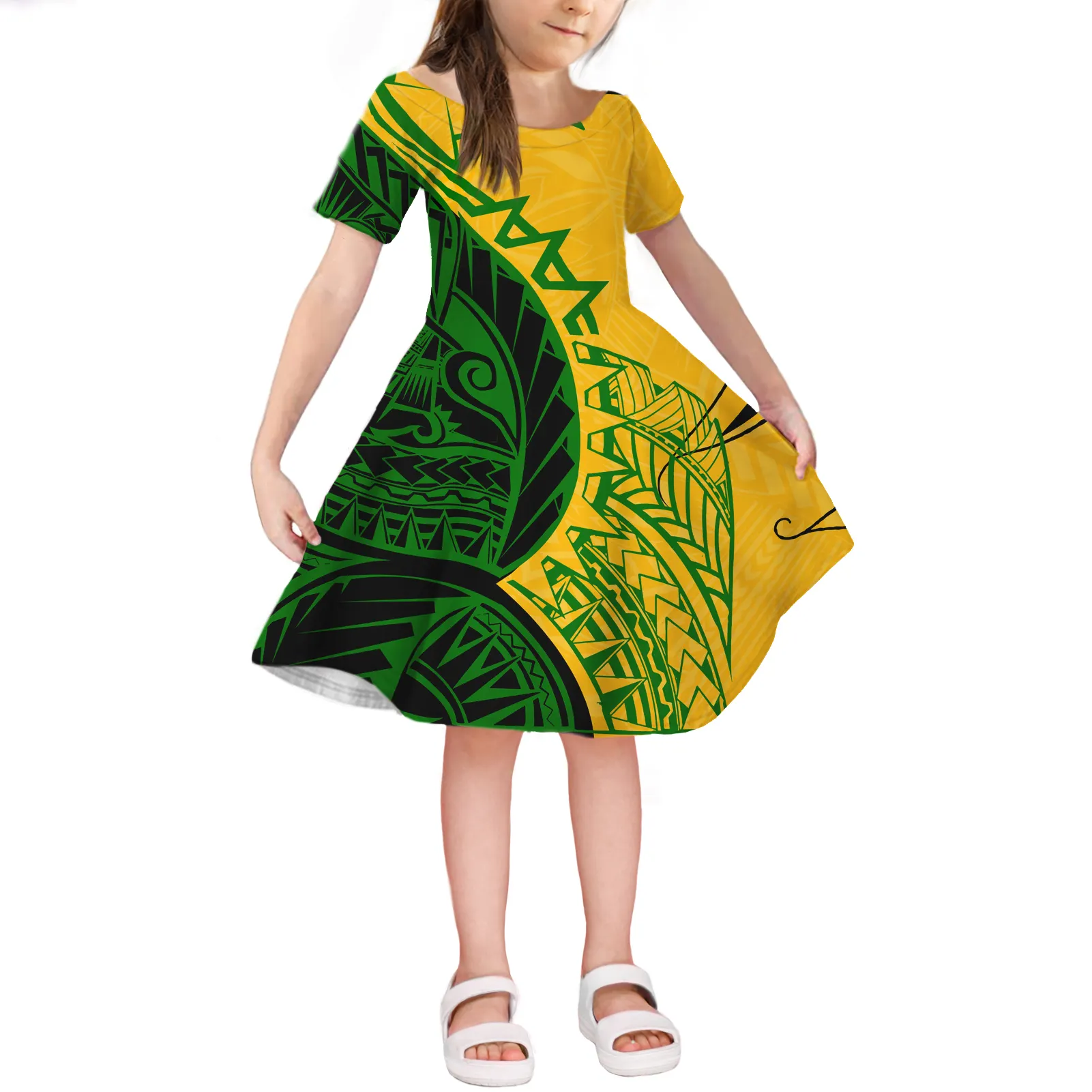 हरे, पीले पोलेनीशियाई आदिवासी बच्चों के कपड़े पार्टी जन्मदिन बच्चे के कपड़े कशीदाकारी पुष्प लड़की की पोशाक लड़कियों के लिए लघु आस्तीन