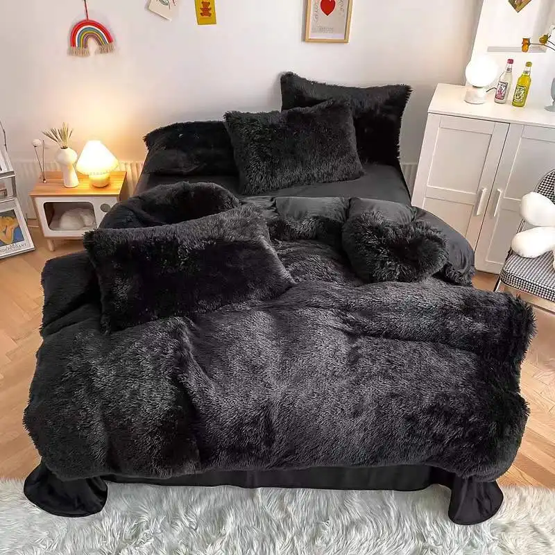 Juego de cama de diseño de lujo Sábana de felpa 100% Terciopelo de visón 4 piezas Funda nórdica con sábana y almohadas