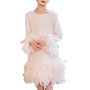 Wholesale Girls Long Sleeve Feather Sequin Party A-Line Dress For Spring&Fall Season