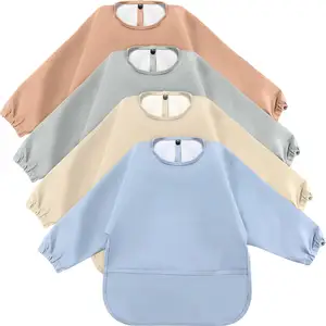 Polyurethane PU Waterproof Long Sleeve Baby Bib Apron With Pocket Great Bib For Baby For Eating Food For Travel