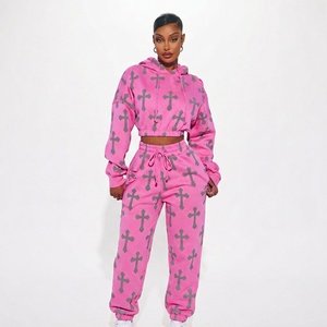 Women's Pink Cross Printed Fleece Hoodie Set Full Sleeve Loose Fit Streetwear Two Piece Outfit All Seasons - Product Image 1