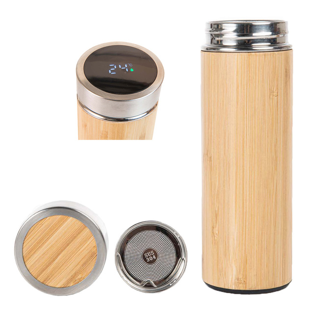 New Design Vacuum Insulated Smart Water Bottle Temperature Display Led Travel Bamboo Cup With Tea Stainer