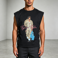 T-shirt rétro noir sans manches à double couche avec rivets, impression numérique, style streetwear, coupe courte