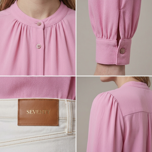 Chemisier en mousseline de coton tissé rose 100 % coton pour femme, col rond, boutonné, manches ballon trois quarts, élégant, uni, décontracté, vente en gros - Product Image 4