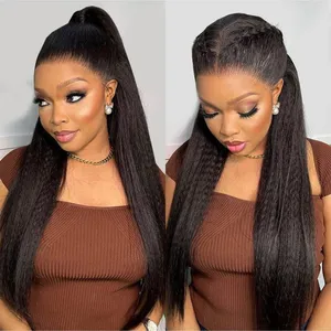 Ready To Ship Virgin Full And Thick Yaki Yes Human Wigs,Kinky Straight Raw Human Hair 13x4 Transparent Lace Front Wigs