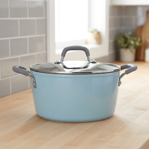 Modern Round Enamel Casserole <b>Pot</b> with Glass <b>Lid</b> and stainless steel bottom - Product Image 6