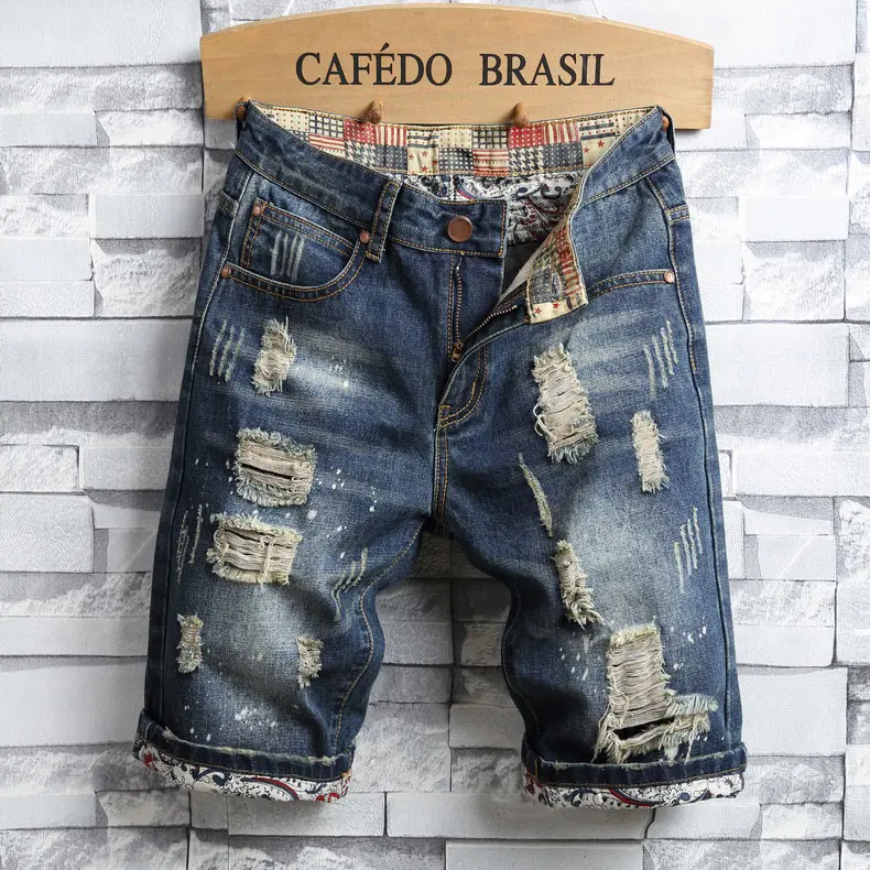 Pabrik Disesuaikan Merek Jeans Pendek Biru Gelap untuk Pria Lubang Robek Celana Jeans Harga Rendah Slim Fit Celana Pendek Jeans Pria