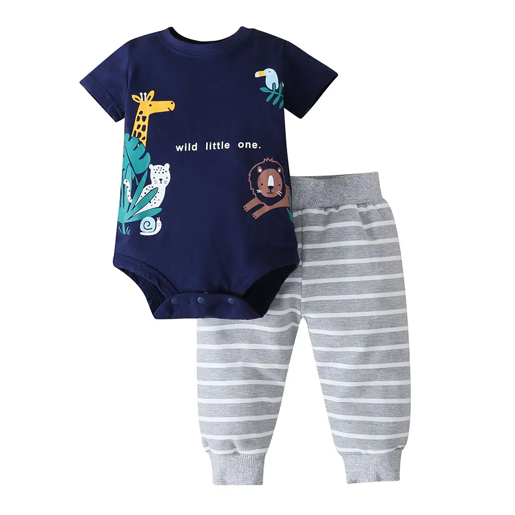 Cartoon Printed Summer Quick Dry Cotton Knitted Clothes Set Newborn Baby Boy Short Sleeve Pants Suit